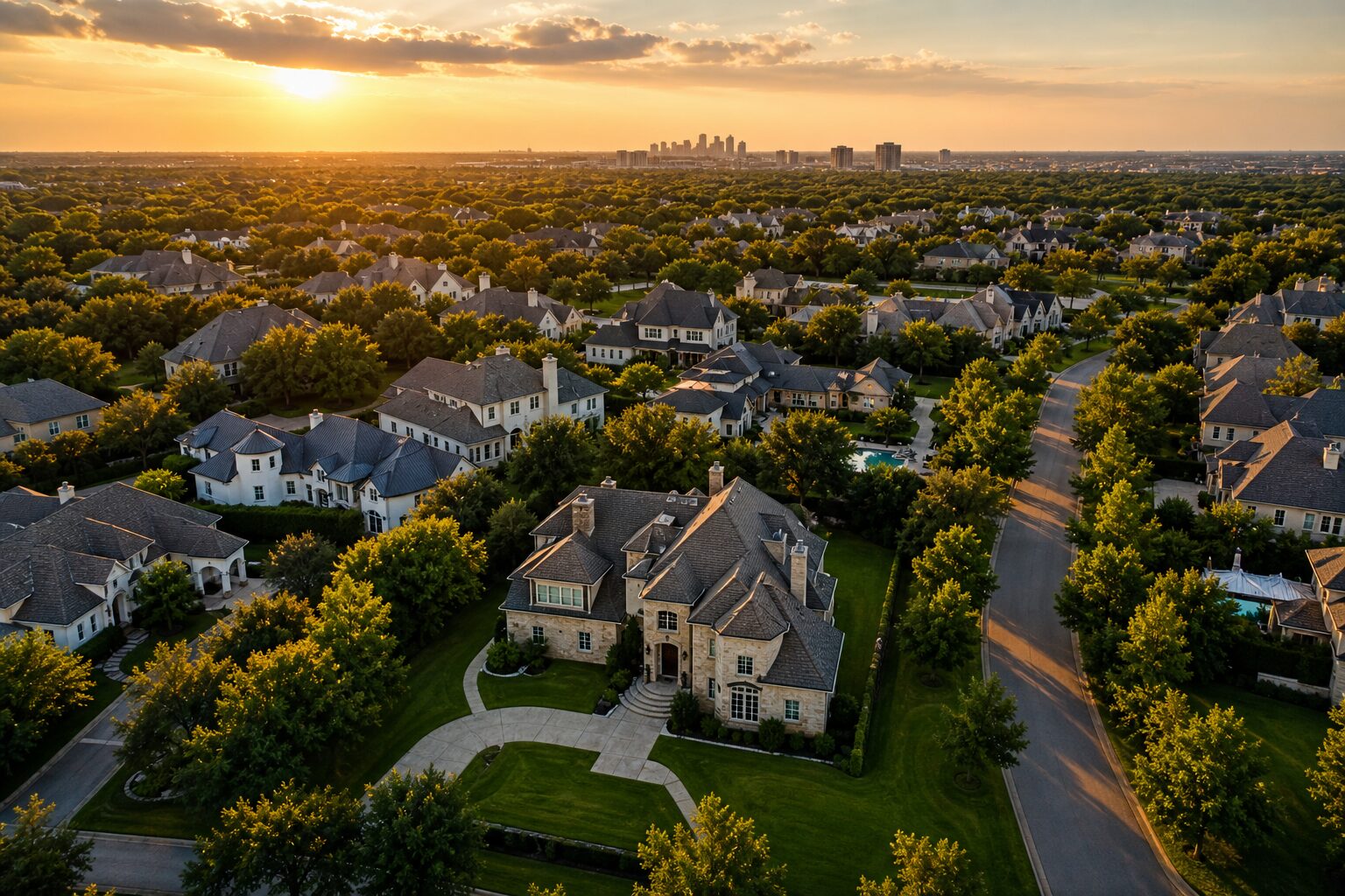 Aerial view of an affluent Dallas–Fort Worth residential neighborhood